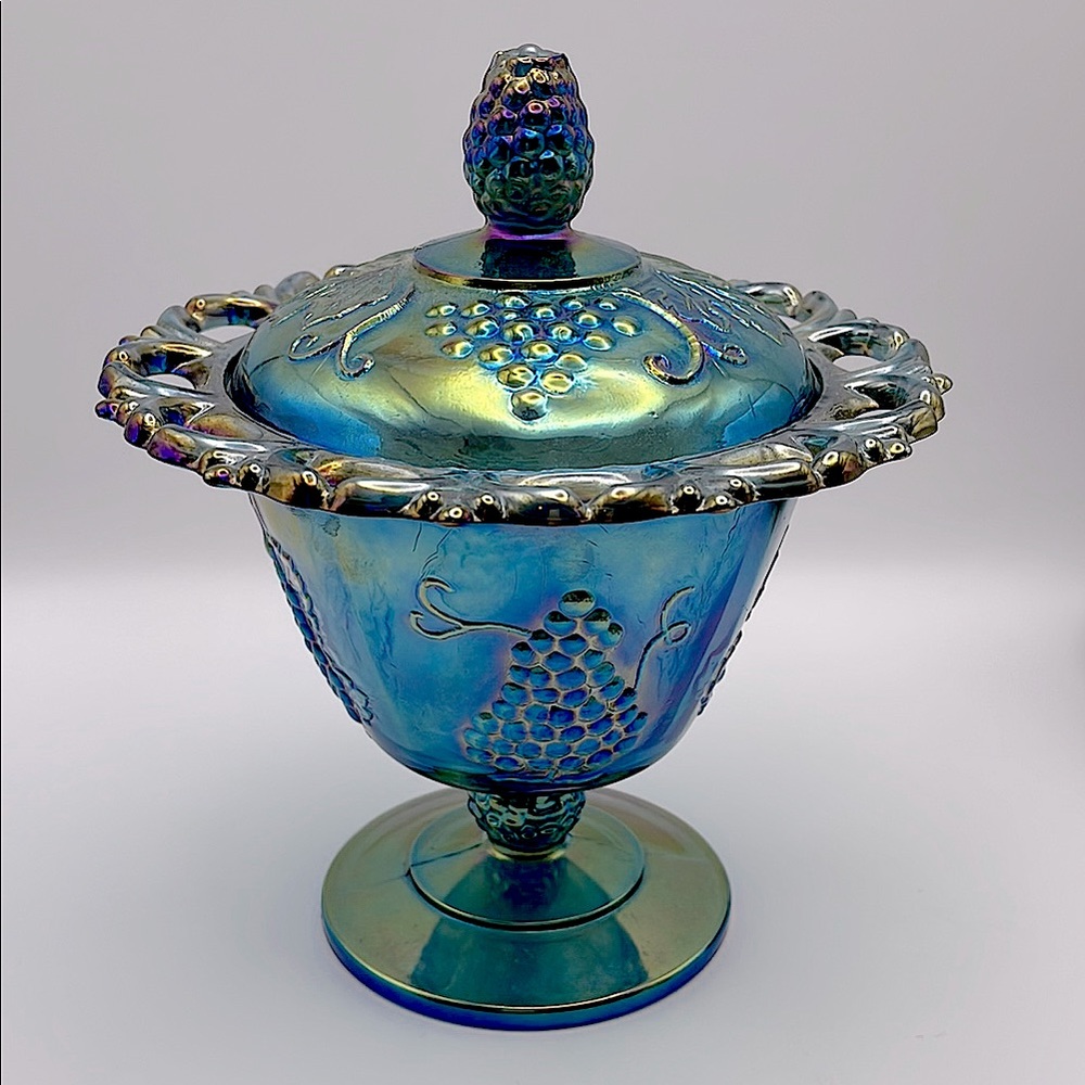Iridescent Blue Carnival Glass Pedestal Candy Dish, Reticulated, “Harvest Grape”